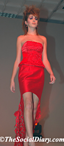 lacy long red dress on model